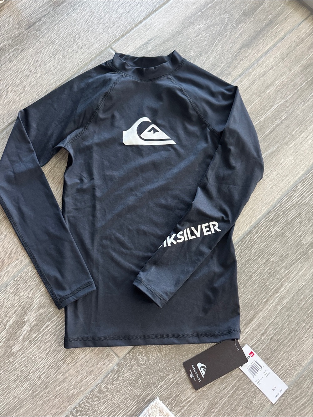 Quiksilver Black Long-Sleeve Surf Rash Guard with White Logo NWT sz 12